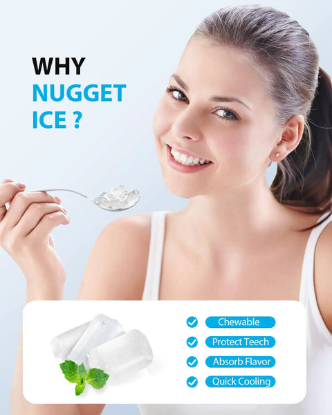 Woman smiling with spoon of nugget ice, benefits of Nugget Ice Maker 40 Lbs Per Day Countertop Ice Machine shown.