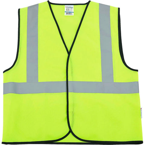 Built Dang Tough Class Two High Vis Safety Vest In True Lime Polyester With Wide Silver Reflective Tape Quick Hook Loop Closure And Relaxed Fit For Blue Collar Crews And Road Warriors L Xl front view of safety vest with reflective stripes