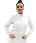 Womens Zip Front Medical Scrub Jacket Crisp White Nurse Uniform Top large size model adjusting the jacket, showcasing sleek design.