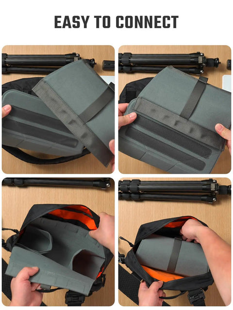 Hands assembling Backpack Camera Gear Organizer Insert With Flexible Modular Panels And Magnetic Flap, viewed from above