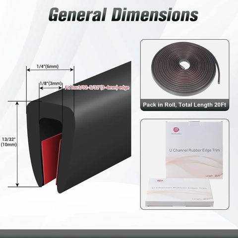 Sturdy 20 Foot EPDM Rubber Edge Trim In Slick Black With Tight Grip Seal for edges shown in dimensions graphic.