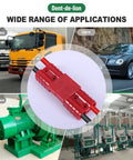 Top Shelf 10 Piece Battery Cable Connectors Rated For 600 Volts And 50 Amps Heavy Duty Quick Release Plug And Play Terminals Built Like A Tank For Cars Trucks Vans And Motorcycles In Red, showcased with various vehicles.