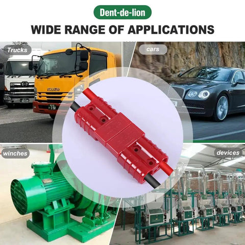 Top Shelf 10 Piece Battery Cable Connectors Rated For 600 Volts And 50 Amps Heavy Duty Quick Release Plug And Play Terminals Built Like A Tank For Cars Trucks Vans And Motorcycles In Red, showcased with various vehicles.