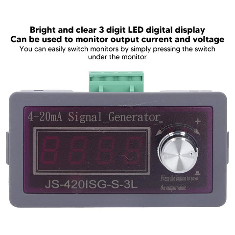 Front view of DC0-10V 4-20mA Generator Module With Dual LED Display and Precise Ampere and Voltage Readout, Back Calibration Pots.