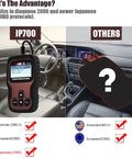 JP700 OBD2 Japanese Car Scanner with JOBD Protocol Code Reader in car interior showing diagnostic compatibility chart
