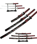 Red 3 Piece Samurai Sword Set With Display Stand Katana Collection Decorative Swords For Home Display And Collecting Short Medium And Long Blades
