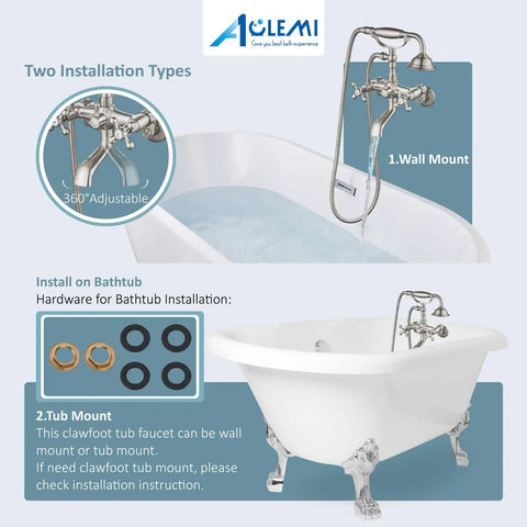 Brushed Nickel Clawfoot Tub Faucet Wall Mount Tub Filler Set with Handheld Sprayer shown in wall and tub mount setups