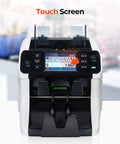 Effortless Cash Counter Machine With Dual Buckets Lightning Fast Mixed Bill Sorting And Legit Currency Verification featuring a touchscreen display.