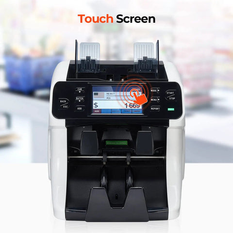 Effortless Cash Counter Machine With Dual Buckets Lightning Fast Mixed Bill Sorting And Legit Currency Verification featuring a touchscreen display.