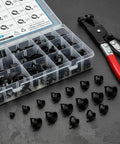100Pcs Spring Band Hose Clamp Kit 6 to 25mm With Swivel Flat Clamp Pliers on display in plastic case