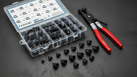 100Pcs Spring Band Hose Clamp Kit 6 to 25mm With Swivel Flat Clamp Pliers on display in plastic case