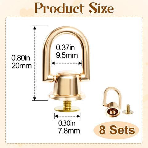 Premium Heavy Duty D Rings And Screws For Purses shiny gold metal rivets measuring 0.8x0.3in, ideal for DIY bag crafting.