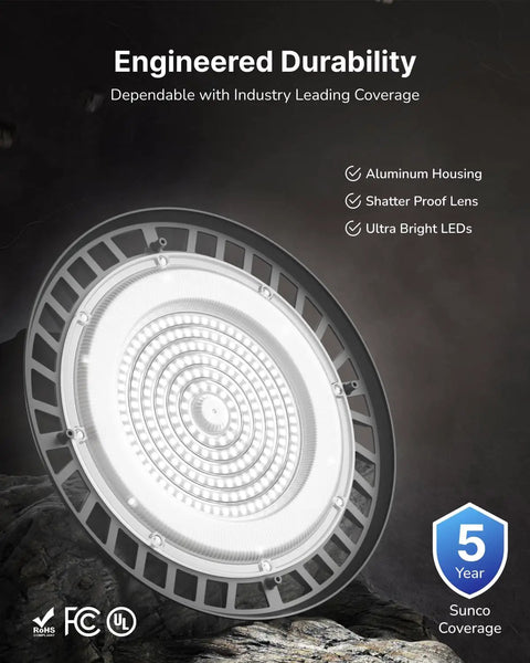 Front view of Six Pack UFO LED High Bay Light 150W, 19500 Lumens, 6000K Ultra Bright Shop Lights, aluminum housing, mounted.
