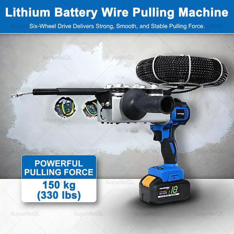 Heavy Duty 21V Brushless Wire Tugger With 6 Wheel Drive Pulling Force Fish Tape Tool, lithium battery powered for electricians.