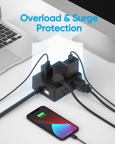 Slim 5 Ft Power Strip With 8 Outlets And 4 USB Ports USB C Included Ultra Thin Flat Plug in use on office desk