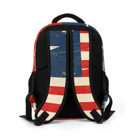 Back view of Antique Distressed Star Stripe Flag Printed Unisex Backpack with durable polyester and smooth zipper