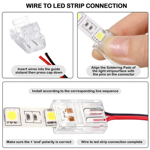 40 Pack 2 Pin 8mm RGB LED Strip Connectors Waterproof Solderless Adapter Easy Install instruction steps for track connections.