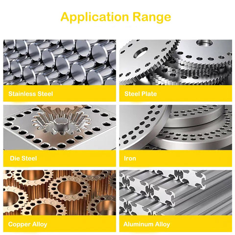 Application range for Quarter Inch Twenty UNC Spiral Point Threading Taps Set showing various metal types including steel and alloy.