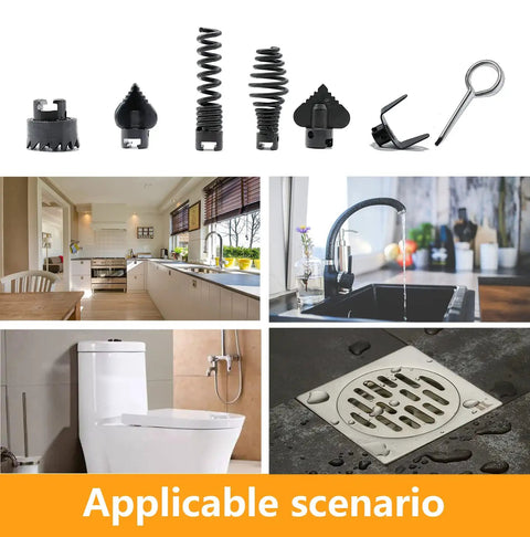Seven Piece Drain Cleaner Cutter Heads Set With 16mm Manganese Steel For Drain Augers displayed with kitchen and bathroom usage scenarios