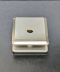 Hassle Free Fixed Panel Glass Clamp For 3/8 Inch Thick Shower Panels No Drilling Needed, brushed nickel metal close-up view.