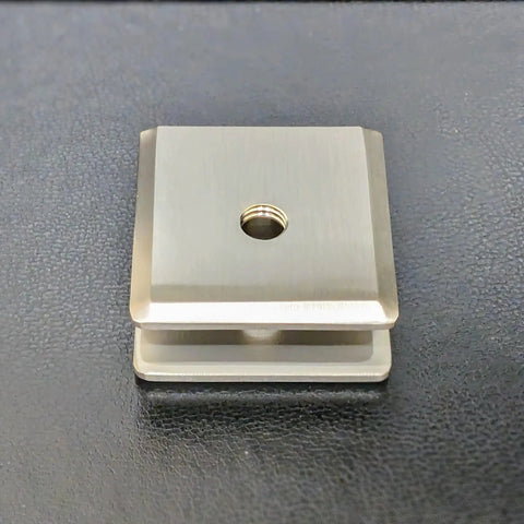 Hassle Free Fixed Panel Glass Clamp For 3/8 Inch Thick Shower Panels No Drilling Needed, brushed nickel metal close-up view.