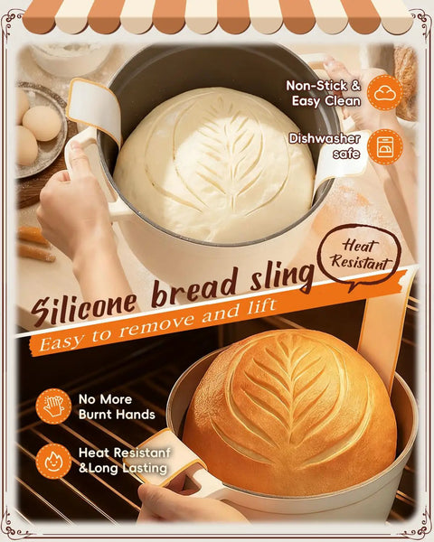 Baking bread in oven using silicone bread sling from All In One Sourdough Starter Kit For Beginners With No Fuss Easy To Clean Tools.
