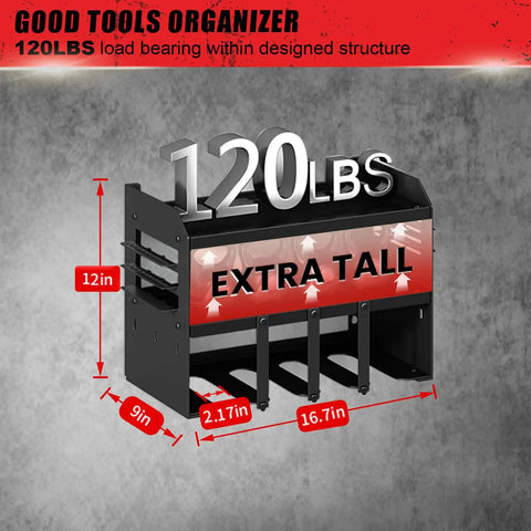 Heavy Duty Power Tool Organizer Wall Mount With 3 Layer Garage Storage Rack And Drill Holder, Metal Steel Utility Rack, dimensions shown