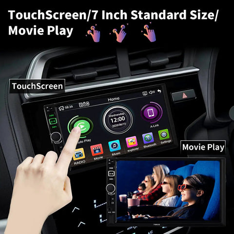 Double Din Car Stereo With Apple CarPlay And Android Auto showing 7 inch HD touchscreen with app icons.