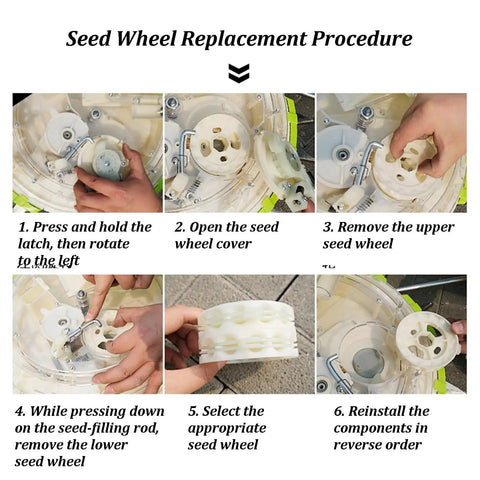 Steps for replacing seed wheel on All In One Garden Push Seeder With Wheel Dual Hopper Seed Sower And Fertilizer Applicator