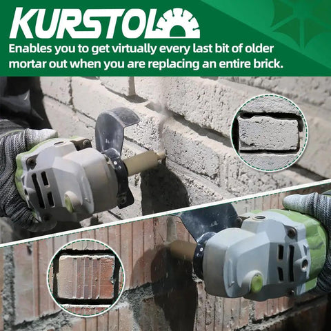 Carbide Brick Mortar Grout Cutter Mortar Raking Bit 3/8 X 1 Inch with 5/8-11 Thread in use on brick joints with angle grinder.