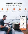 Man using smartphone app for 36V 100Ah Marine Power Kit With Bluetooth 5.0 Lithium Battery And Built In 100A BMS For Trolling Motors