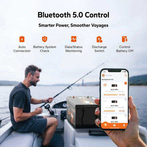 Man using smartphone app for 36V 100Ah Marine Power Kit With Bluetooth 5.0 Lithium Battery And Built In 100A BMS For Trolling Motors