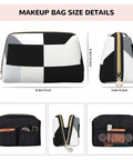 Hella Cool Black And White Piano Plate Grid Print Portable Makeup Bag For Women Offering Tough Waterproof PVC Finish Travel Toiletry Organizer And Brush Holder showing size details and storage options.