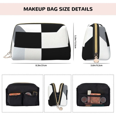 Hella Cool Black And White Piano Plate Grid Print Portable Makeup Bag For Women Offering Tough Waterproof PVC Finish Travel Toiletry Organizer And Brush Holder showing size details and storage options.
