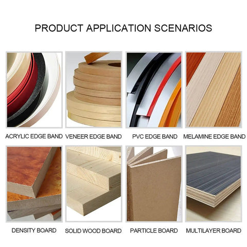 Application scenarios for Portable Benchtop Edge Banding Machine For Woodworking, showing various edge bands and boards.