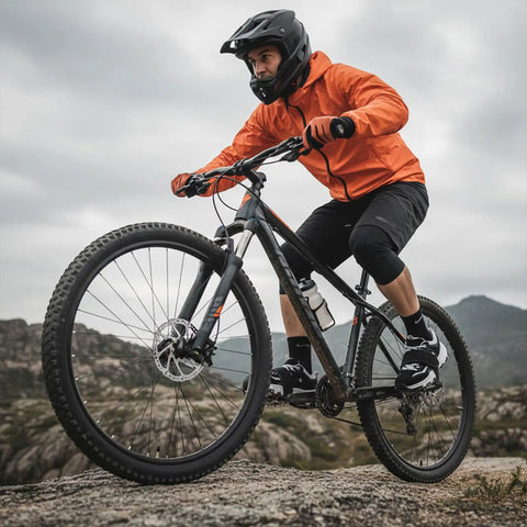 Cyclist using double adhesive adjustable bike pedal straps with anti slip toe clips, riding on rocky terrain, wearing orange jacket.