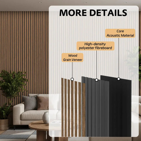 4 Pack Sleek Wood Slat Wall Panels For Modern Living Space Upgrade Featuring 3D Fluted Acoustic Soundproofing In Gorgeous Walnut Tones Quick Screw Or Glue Application For Instant Room Vibe Glow Up, showcasing materials and wall detail.