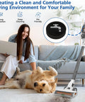 Premium Sponge Filter Replacement For PowerSeries 16V 20V Cordless Stick Vacuums BHFEA420J BHFEA520J BHFEA18D1 Replace Part BHFEAF1 6 Pack Fits Black And Decker Models in use with woman and dog on carpet.