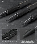 Top Shelf Four Piece Nail And Center Punch Set With Crisp Size Etchings For 1 32 1 16 3 32 And 1 8 Inches showing non-slip knurled handle and sharp tips.