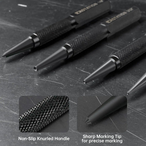 Top Shelf Four Piece Nail And Center Punch Set With Crisp Size Etchings For 1 32 1 16 3 32 And 1 8 Inches showing non-slip knurled handle and sharp tips.