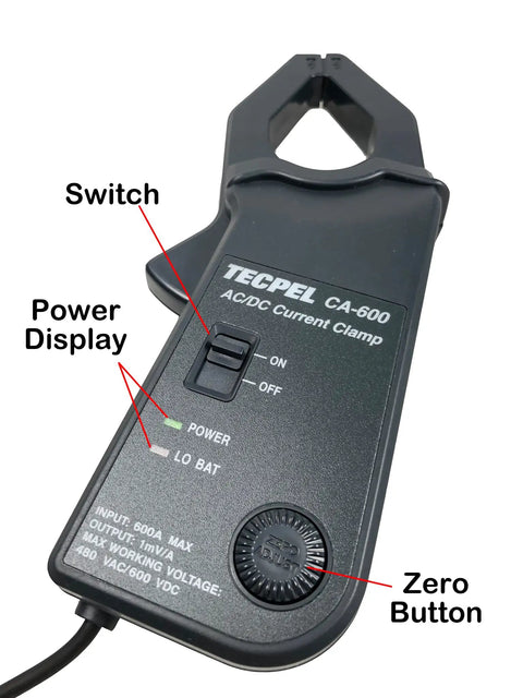 AC DC Current Clamp Transmitter Probe 600A for DMM, showing switch, power display, and zero button, 30mm jaw size.