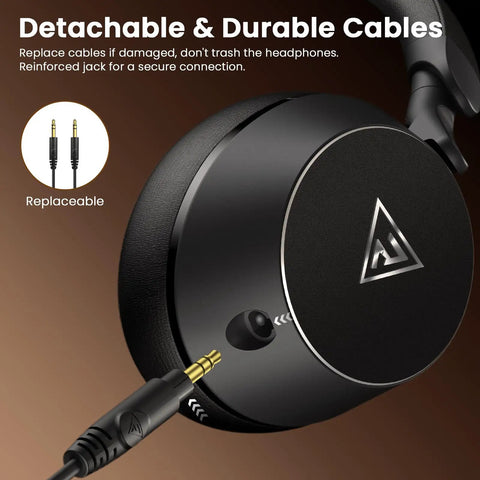 Close-up of Over Ear Studio Monitor Headphones For Recording And Mixing, Closed Back, 50mm Drivers with detachable cable