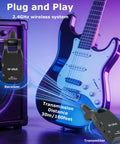 Wireless Guitar System With 2.4G Tech, Cordless Transmitter And Receiver For Stage And Studio next to a guitar and amplifier