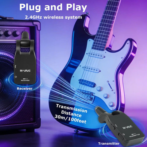 Wireless Guitar System With 2.4G Tech, Cordless Transmitter And Receiver For Stage And Studio next to a guitar and amplifier