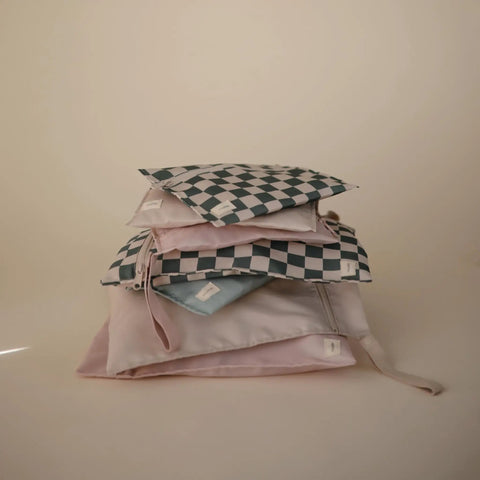 Stack of water resistant wet bags set of 2 for baby gear and travel on the go, large and small reusable, olive check design