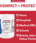 Container of Opti Cide Max Disinfecting Wipes beside list of cleaning locations like homes, hospitals, and offices