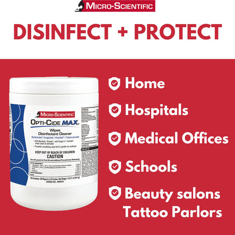 Container of Opti Cide Max Disinfecting Wipes beside list of cleaning locations like homes, hospitals, and offices