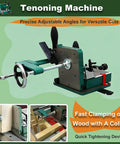 Rugged Metal Workhorse Tenoning Jig For Band Saw And Table Saw Chopping Precision Mortise And Tenon Joints With Quick Release Vise And Sure Grip Stability, showing adjustable angles for accurate woodcuts.