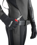 Diver holding Samurai Underwater Dive Knife With 2.7-Inch Tempered Stainless Blade, 5.9-Inch Overall, Secure Eyelet Tie Attachment