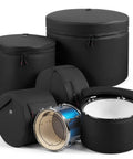 Tour Tough Five Piece Drum Case Set Crafted From Durable 600D Nylon With Heavy Padding For 22 Inch Kick Drum 12 13 16 Inch Toms And 14 Inch Snare Covers displayed on a white background.